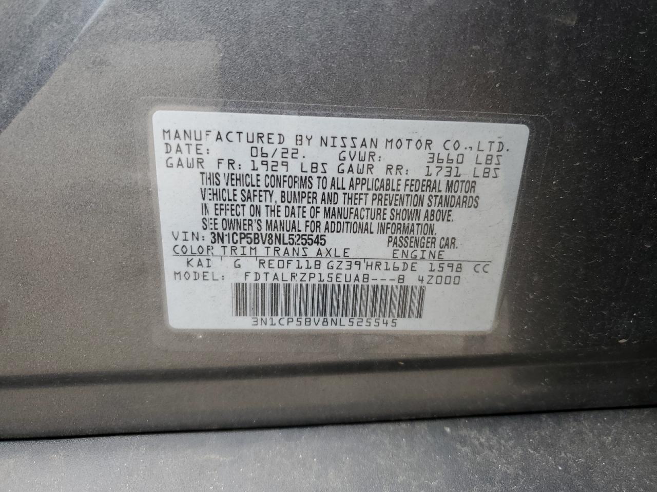 2022 NISSAN KICKS S VIN:3N1CP5BV8NL525545