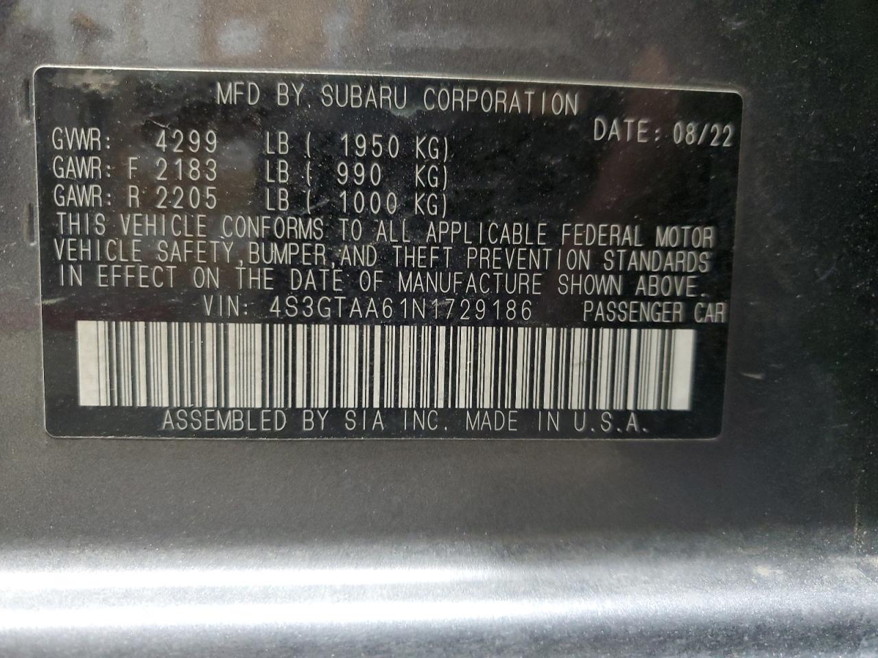 2022 SUBARU IMPREZA VIN:4S3GTAA61N1729186