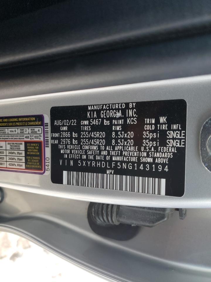 2022 KIA SORENTO EX VIN:5XYRHDLF5NG143194