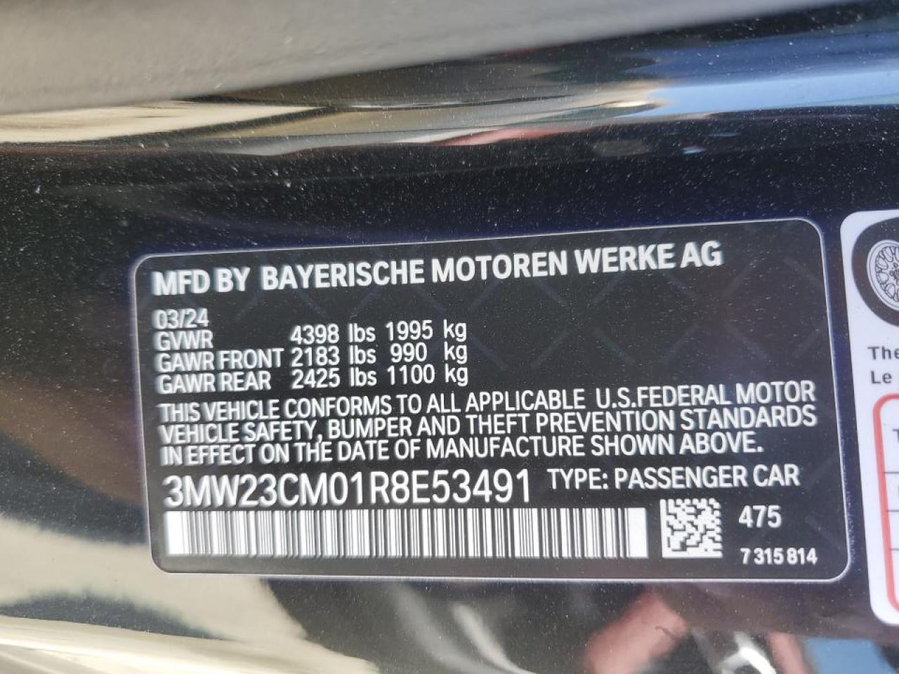 2024 BMW 230I VIN:3MW23CM01R8E53491