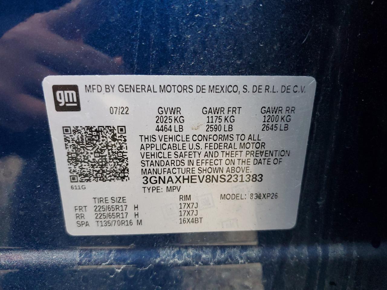 2022 CHEVROLET EQUINOX LS VIN:3GNAXHEV8NS231383