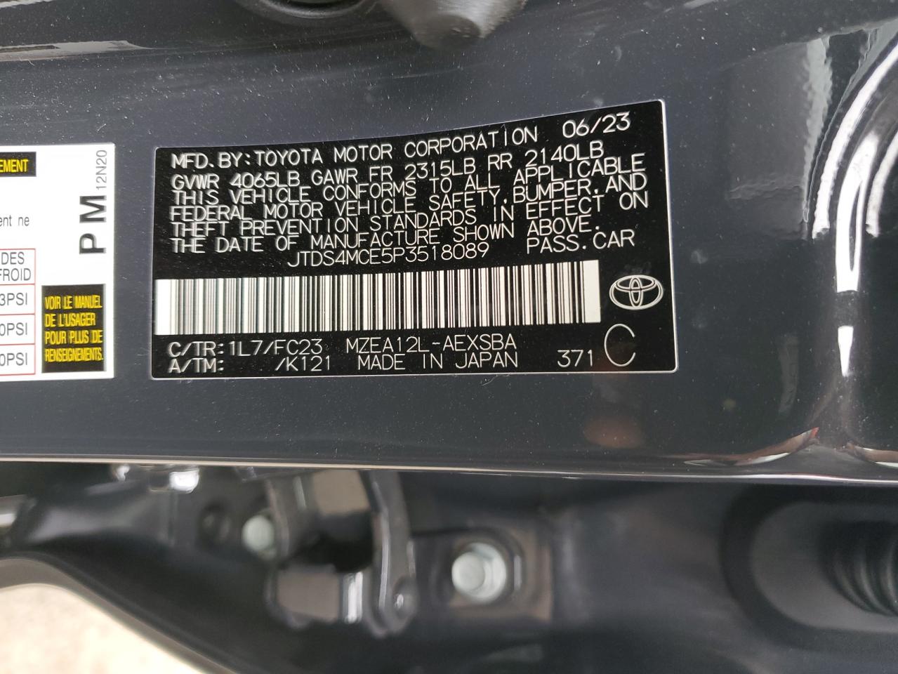 2023 TOYOTA COROLLA SE VIN:JTDS4MCE5P3518089