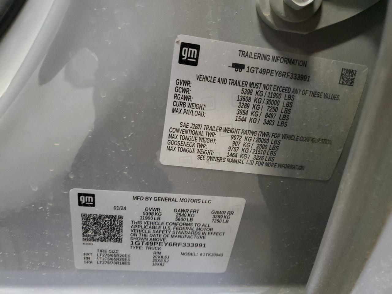 2024 GMC SIERRA K2500 AT4 VIN:1GT49PEY6RF333991