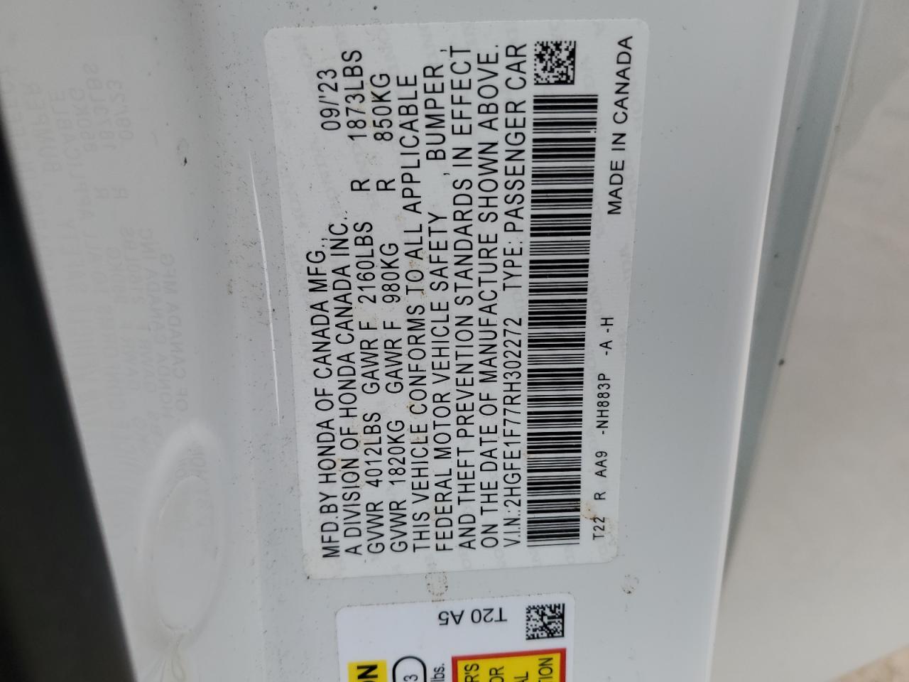 2024 HONDA CIVIC EX VIN:2HGFE1F77RH302272
