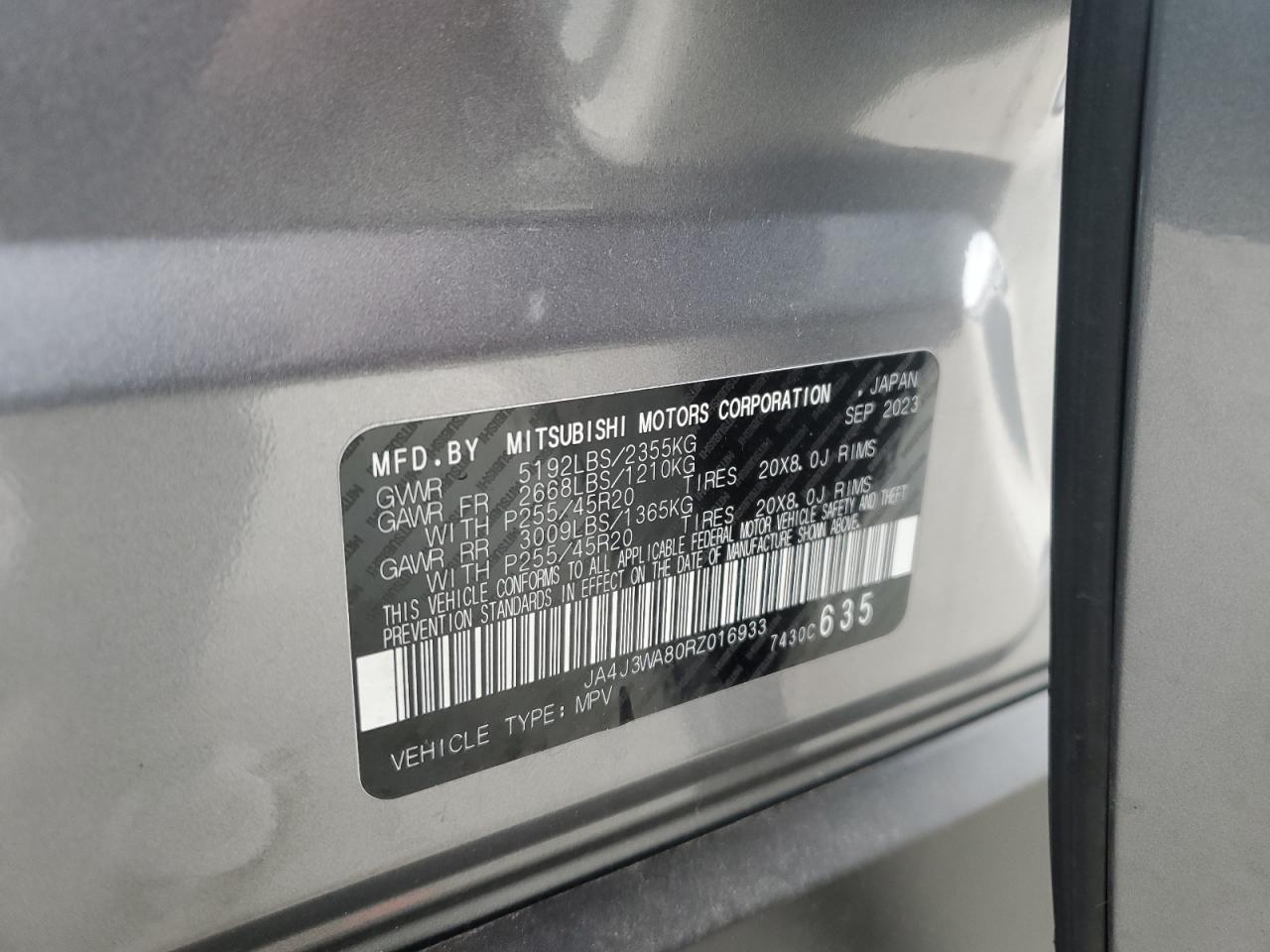 2024 MITSUBISHI OUTLANDER SEL VIN:JA4J3WA80RZ016933