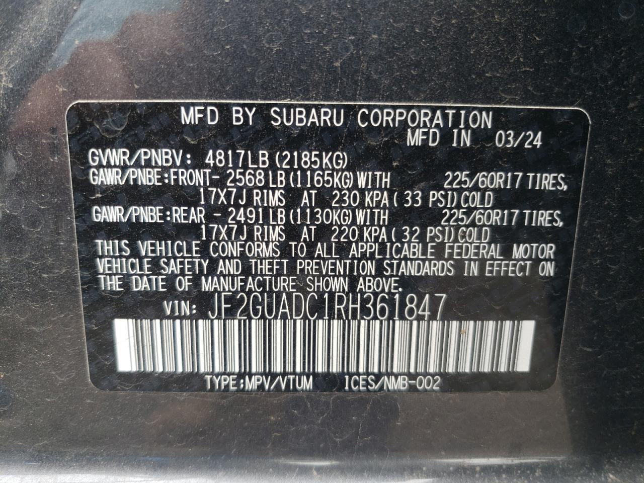 2024 SUBARU CROSSTREK PREMIUM VIN:JF2GUADC1RH361847