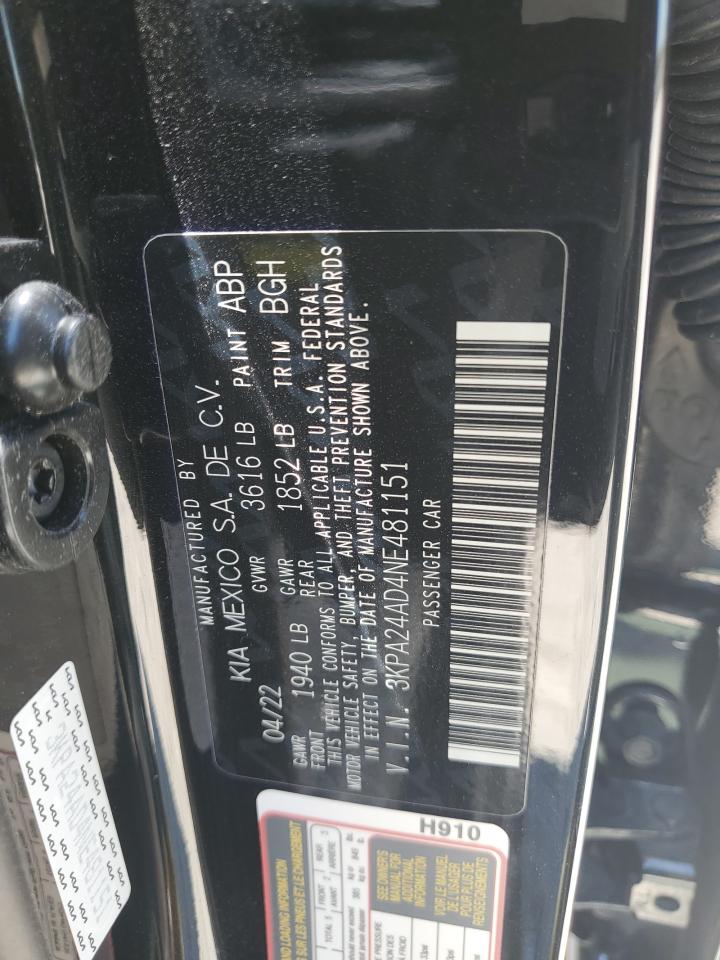 2022 KIA RIO LX VIN:3KPA24AD4NE481151