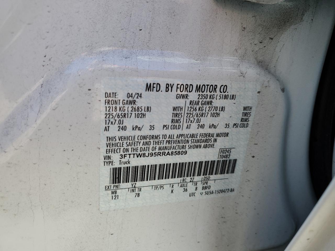 2024 FORD MAVERICK XLT VIN:3FTTW8J95RRA85809