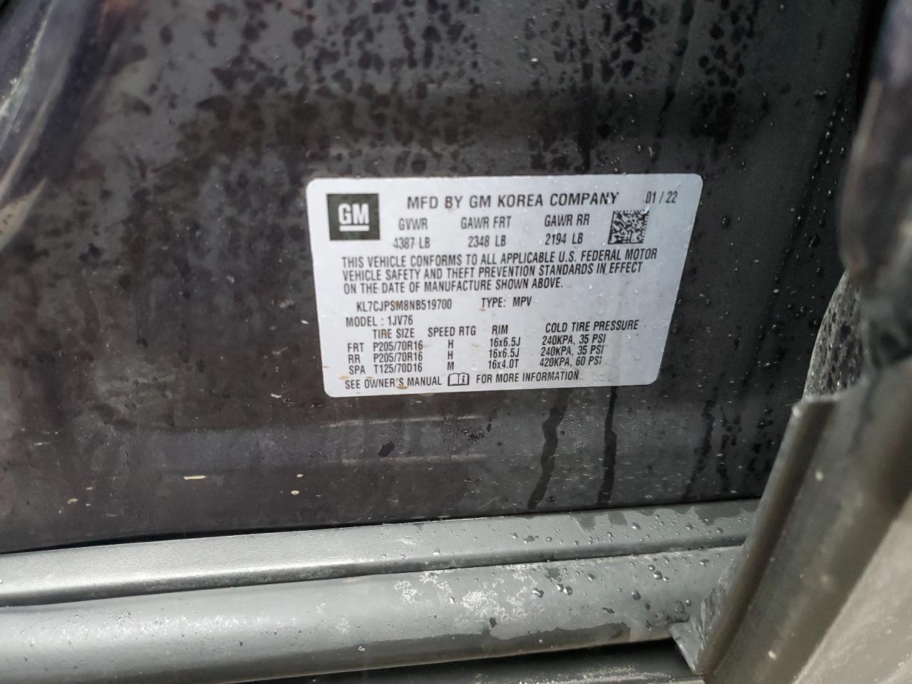 2022 CHEVROLET TRAX 1LT VIN:KL7CJPSM8NB519700