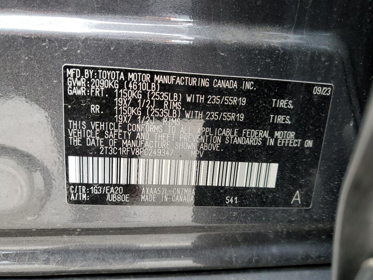 2023 TOYOTA RAV4 XLE PREMIUM VIN:2T3C1RFV8PC249347