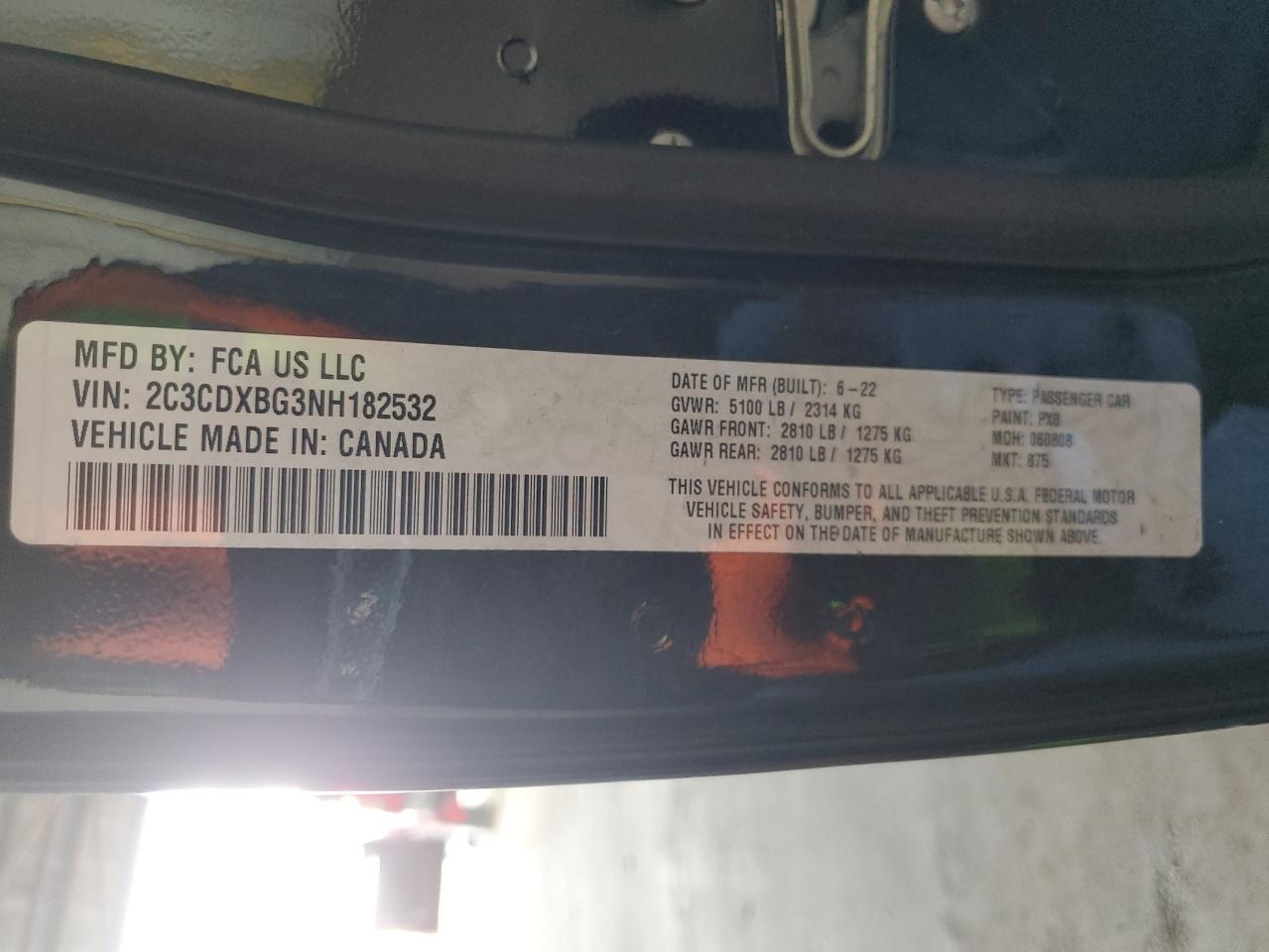 2022 DODGE CHARGER SXT VIN:2C3CDXBG3NH182532