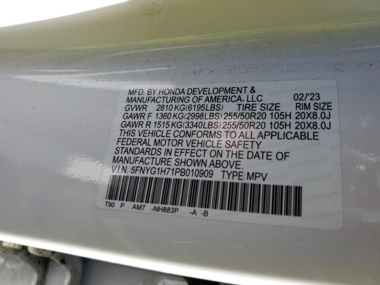 2023 HONDA PILOT TOURING VIN:5FNYG1H71PB010909