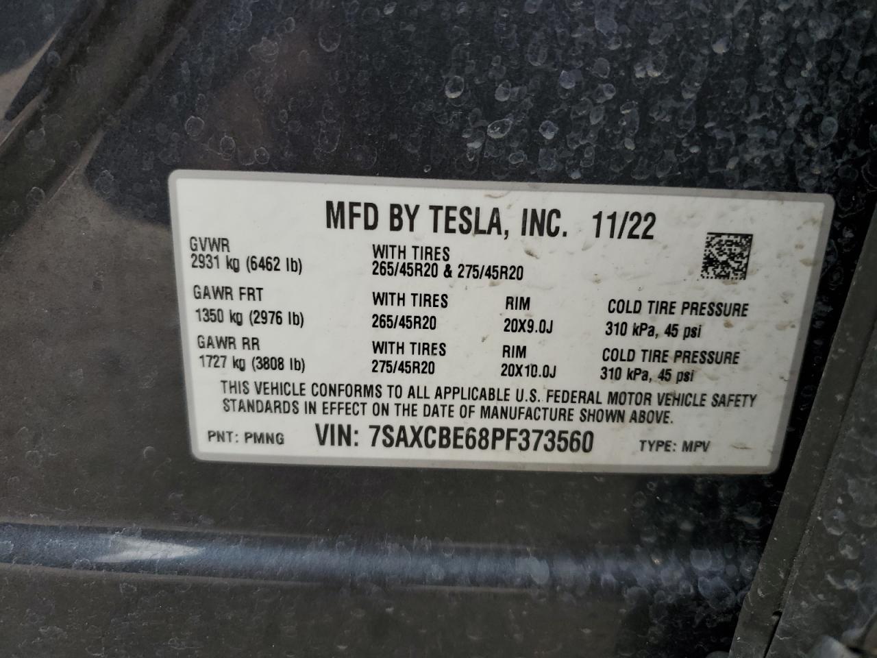 2023 TESLA MODEL X VIN:7SAXCBE68PF373560