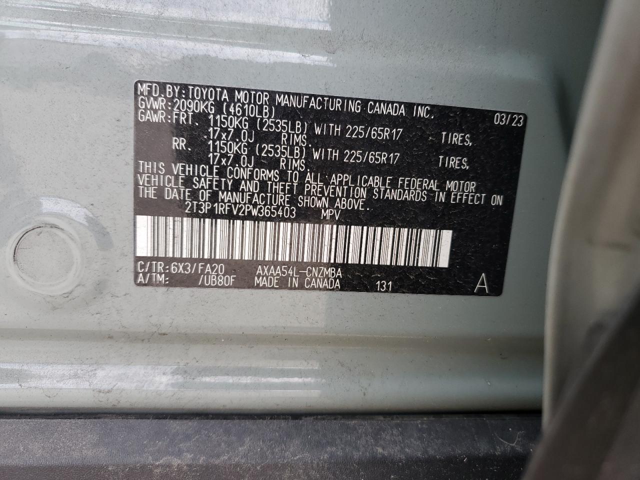 2023 TOYOTA RAV4 XLE VIN:2T3P1RFV2PW365403