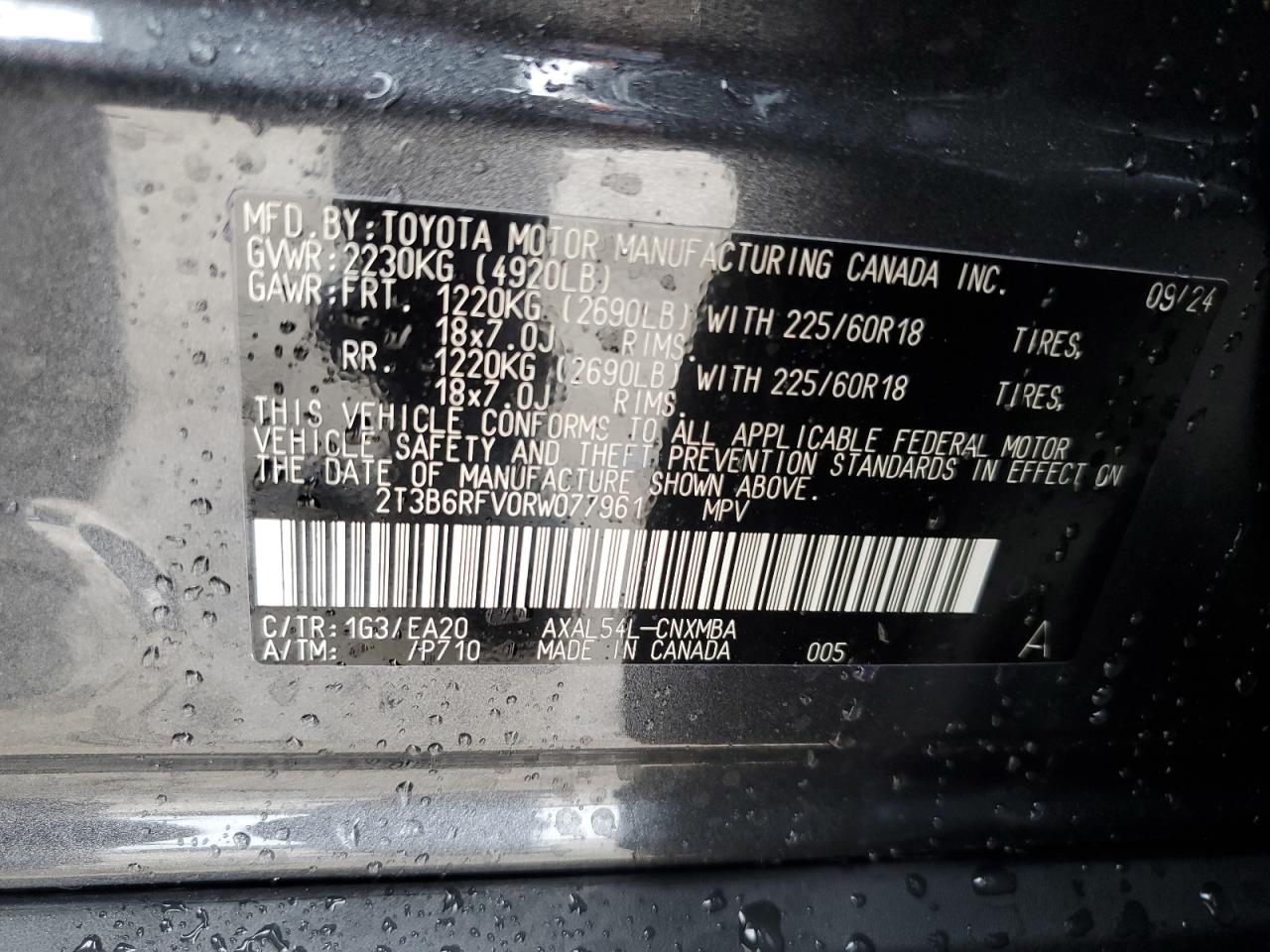 2024 TOYOTA RAV4 XLE PREMIUM VIN:2T3B6RFV0RW077961