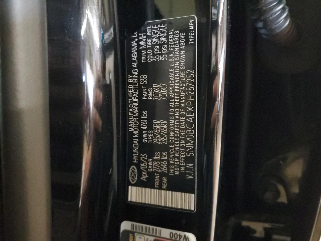 2023 HYUNDAI TUCSON SEL VIN:5NMJBCAEXPH257252
