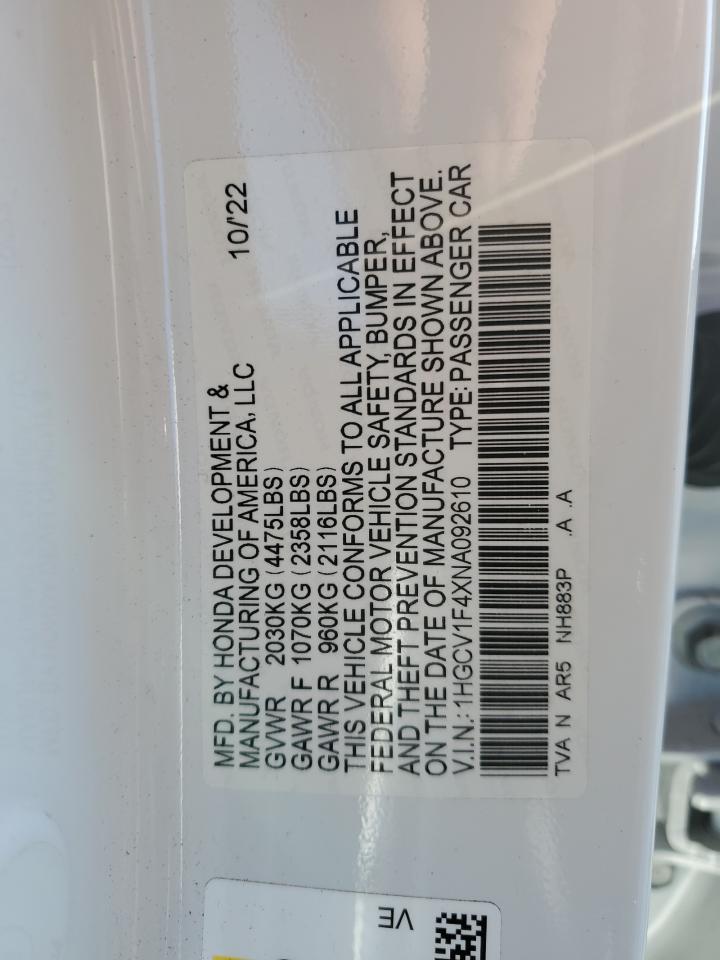 2022 HONDA ACCORD SPORT SE VIN:1HGCV1F4XNA092610