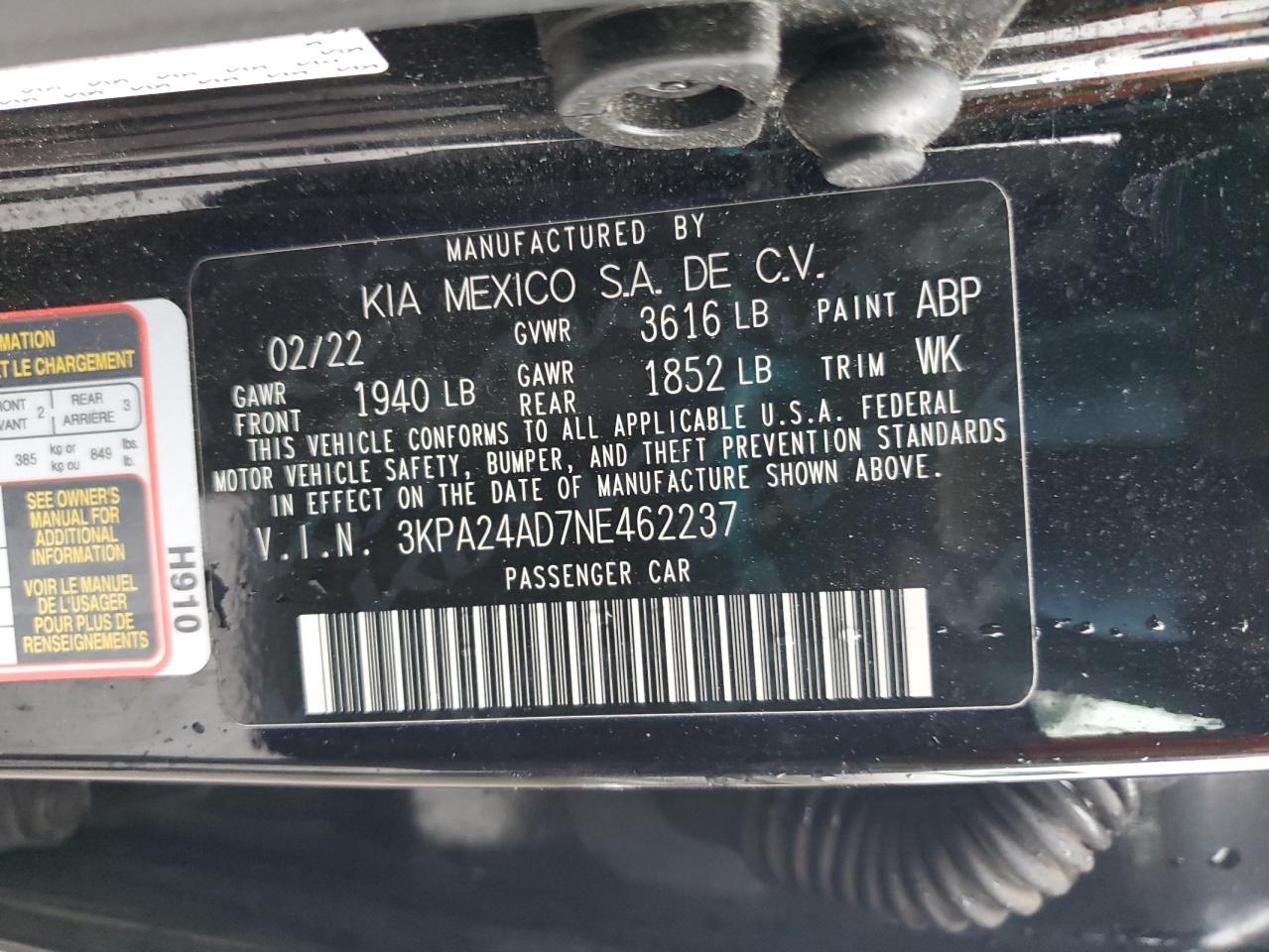 2022 KIA RIO LX VIN:3KPA24AD7NE462237