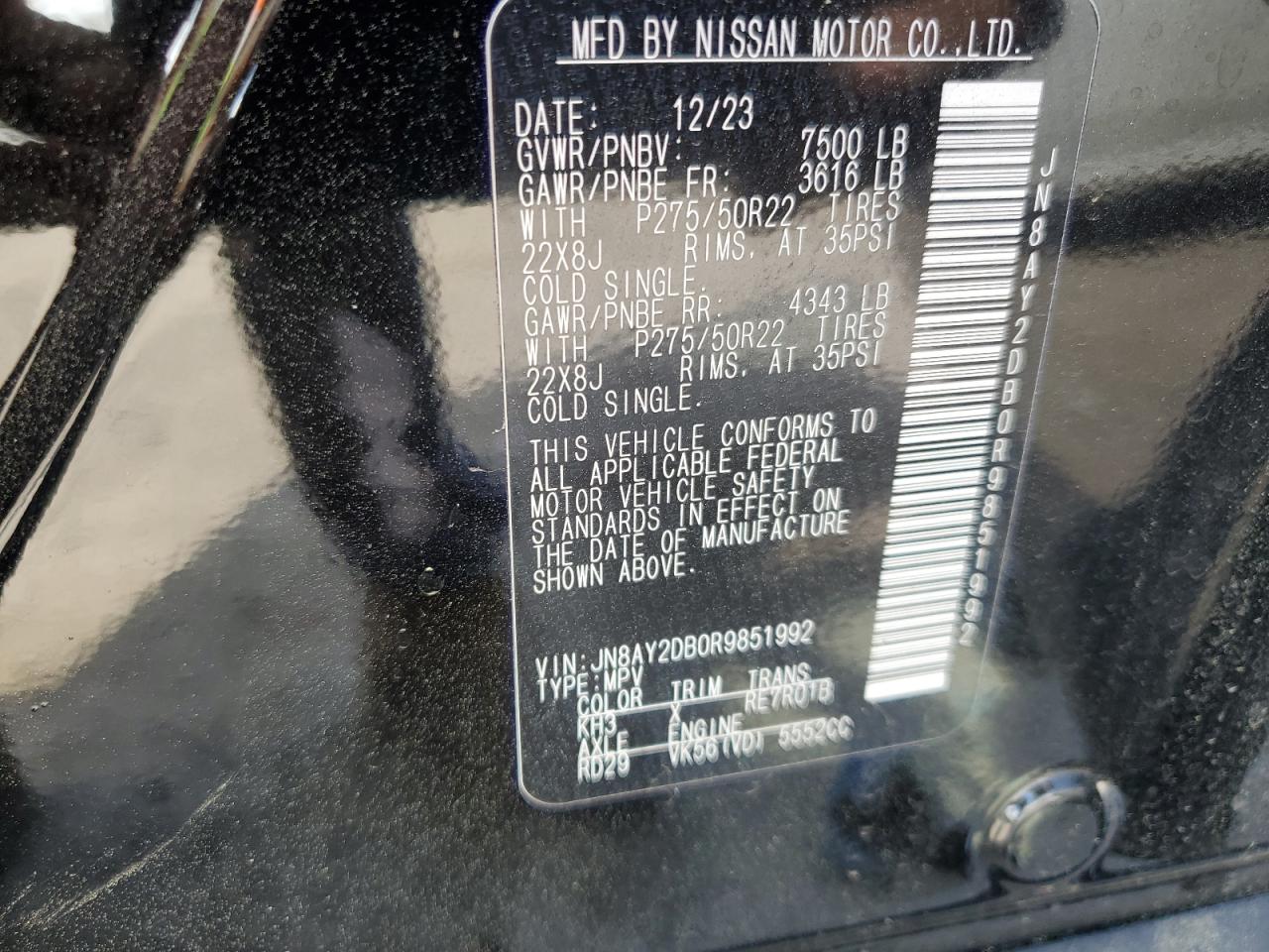 2024 NISSAN ARMADA PLATINUM VIN:JN8AY2DB0R9851992