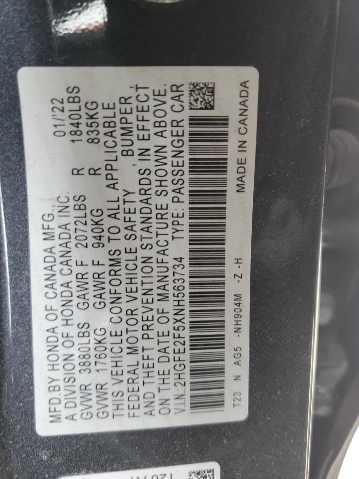 2022 HONDA CIVIC SPORT VIN:2HGFE2F5XNH563734