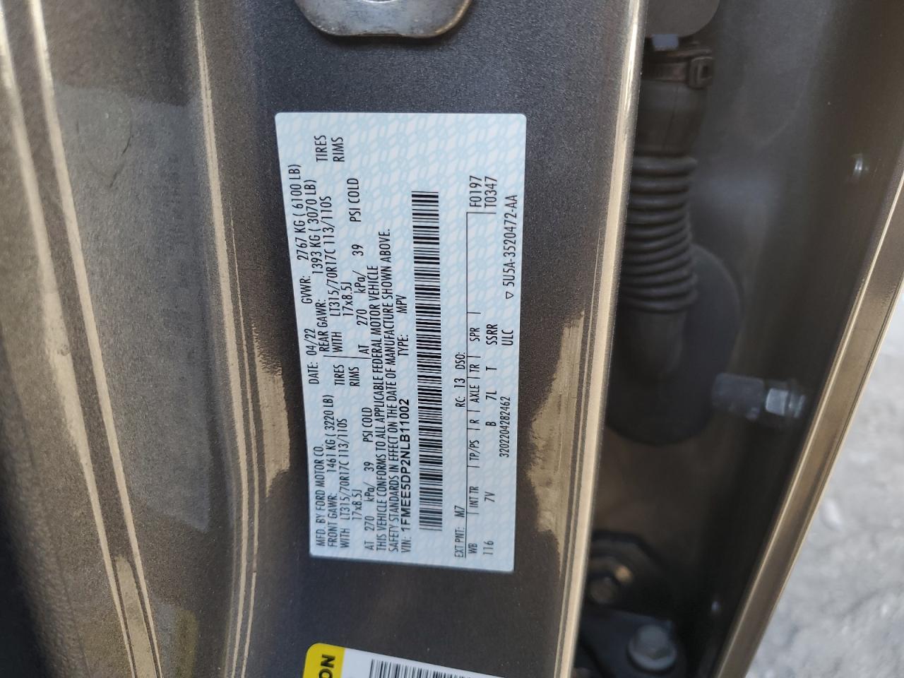 2022 FORD BRONCO BASE VIN:1FMEE5DP2NLB11002