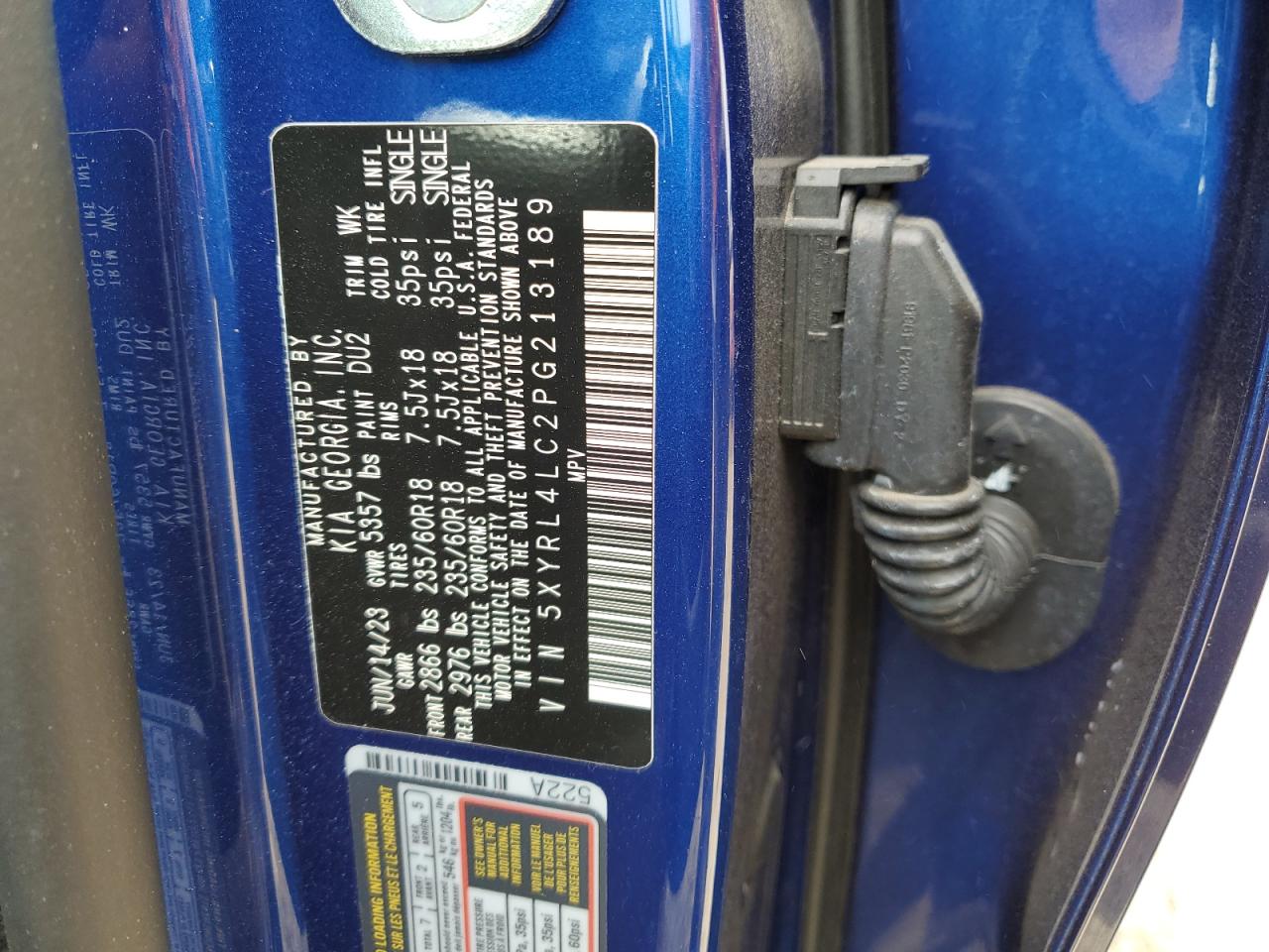 2023 KIA SORENTO S VIN:5XYRL4LC2PG213189