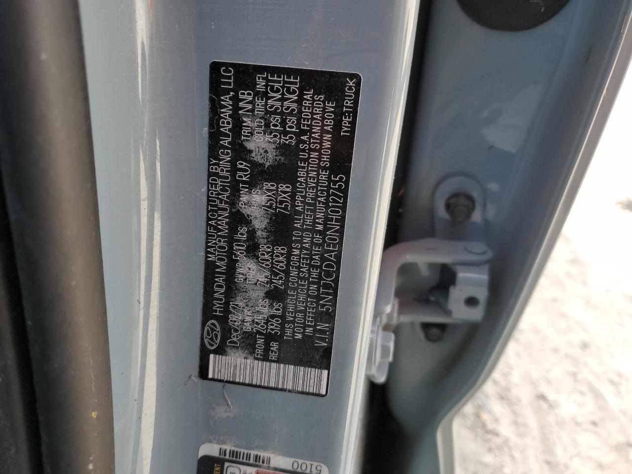 2022 HYUNDAI SANTA CRUZ SEL VIN:5NTJCDAE0NH012755