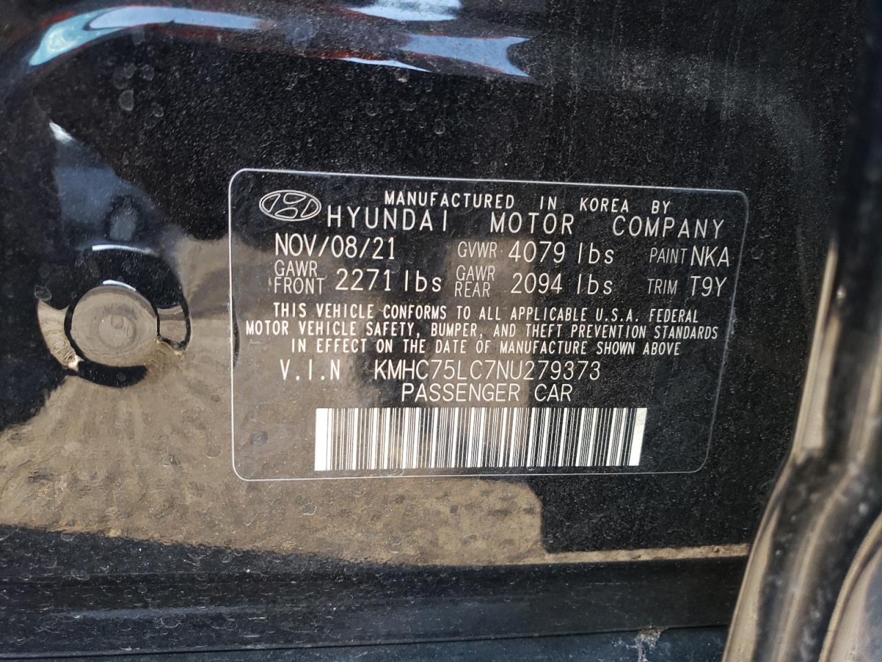 2022 HYUNDAI IONIQ SE VIN:KMHC75LC7NU279373