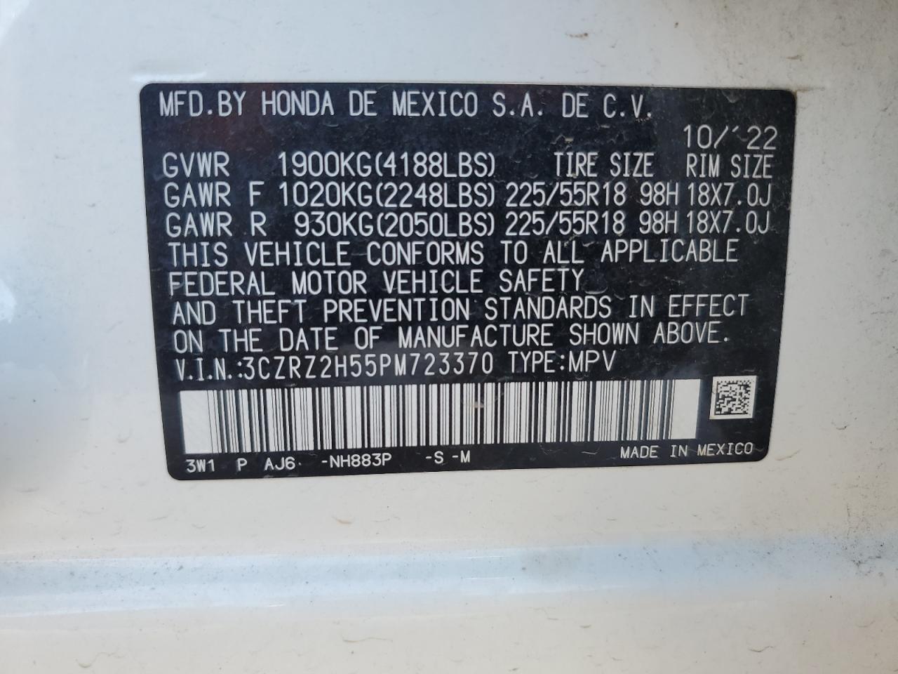 2023 HONDA HR-V SPORT VIN:3CZRZ2H55PM723370