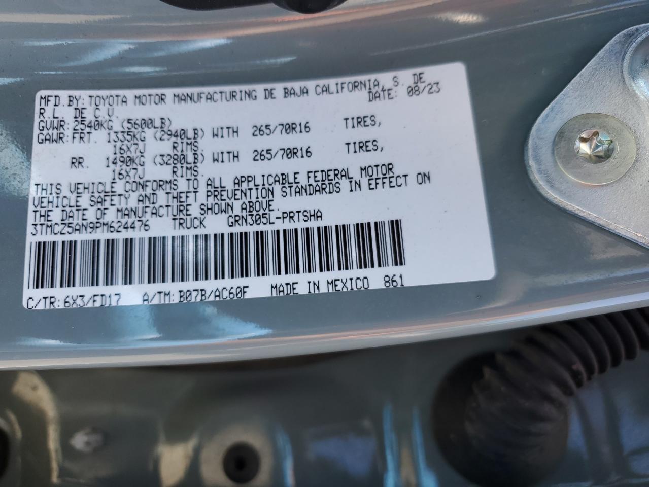 2023 TOYOTA TACOMA DOUBLE CAB VIN:3TMCZ5AN9PM624476