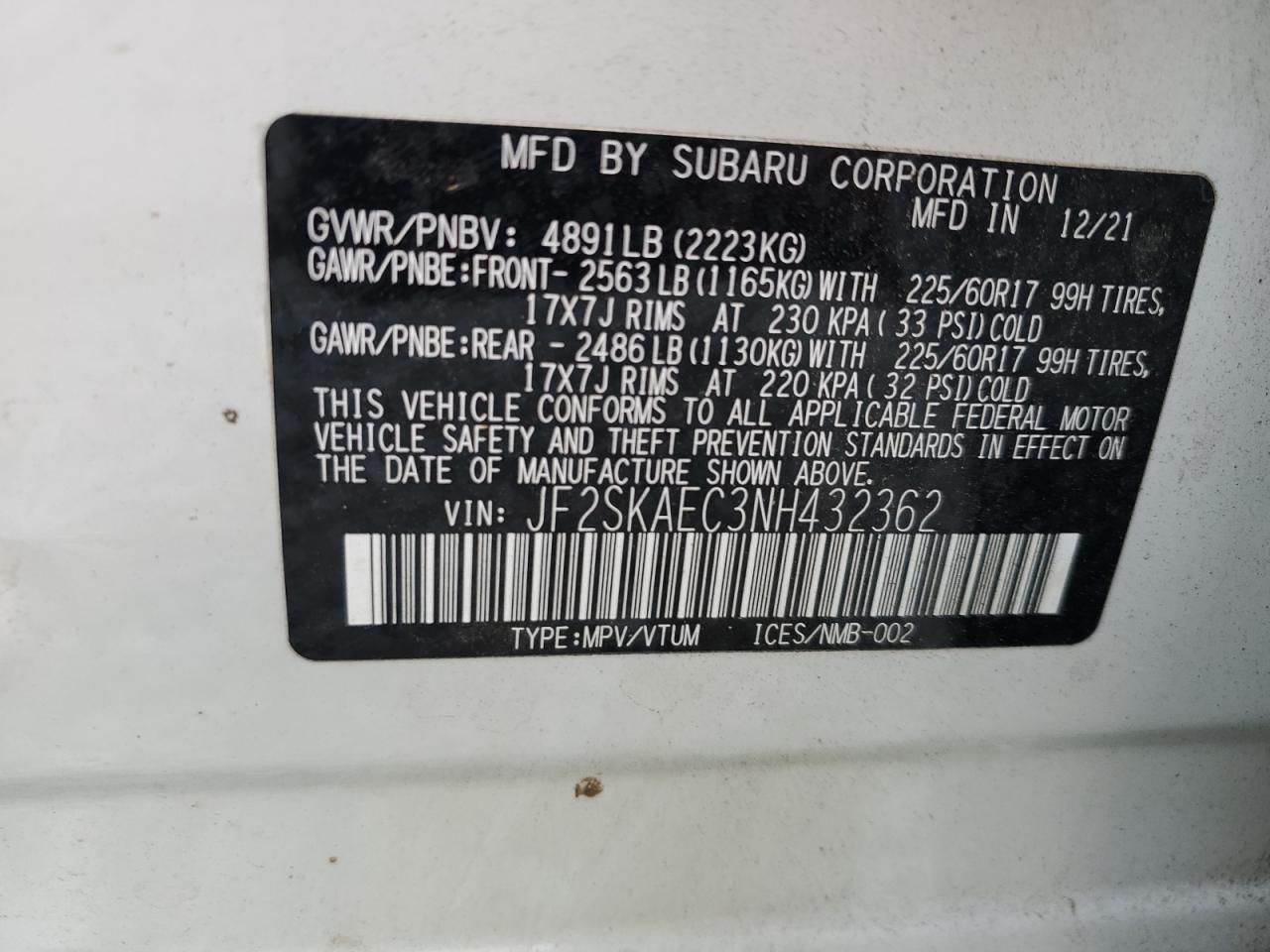 2022 SUBARU FORESTER PREMIUM VIN:JF2SKAEC3NH432362