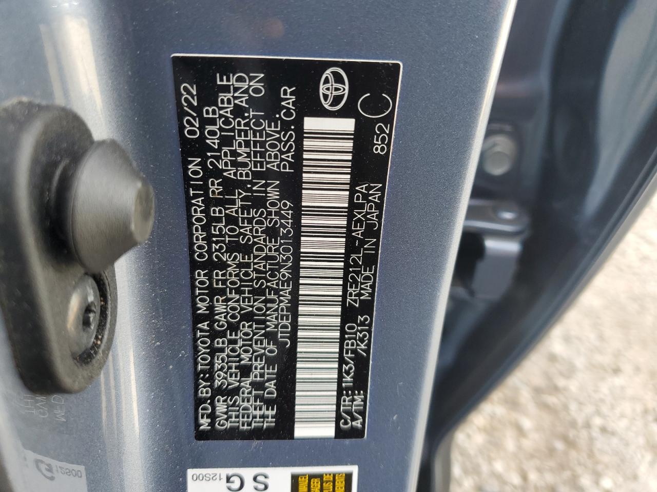 2022 TOYOTA COROLLA LE VIN:JTDEPMAE9N3013449