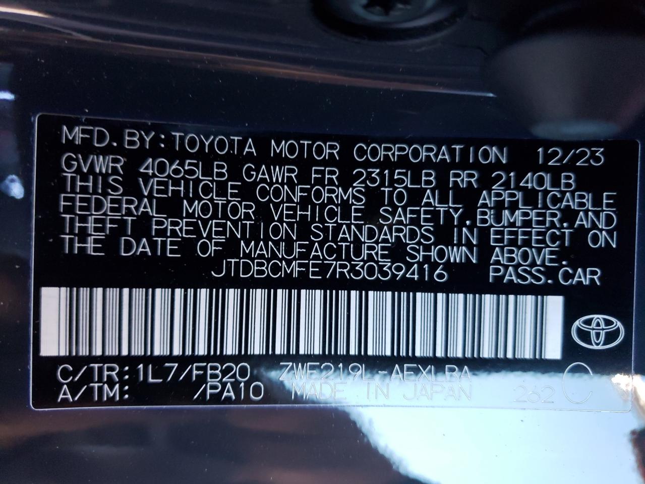 2024 TOYOTA COROLLA LE VIN:JTDBCMFE7R3039416
