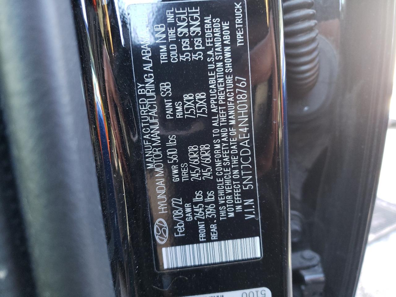 2022 HYUNDAI SANTA CRUZ SEL VIN:5NTJCDAE4NH018767