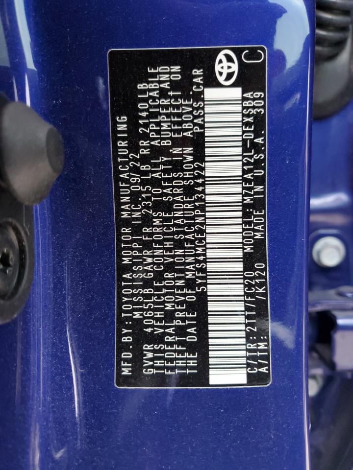 2022 TOYOTA COROLLA SE VIN:5YFS4MCE2NP134422