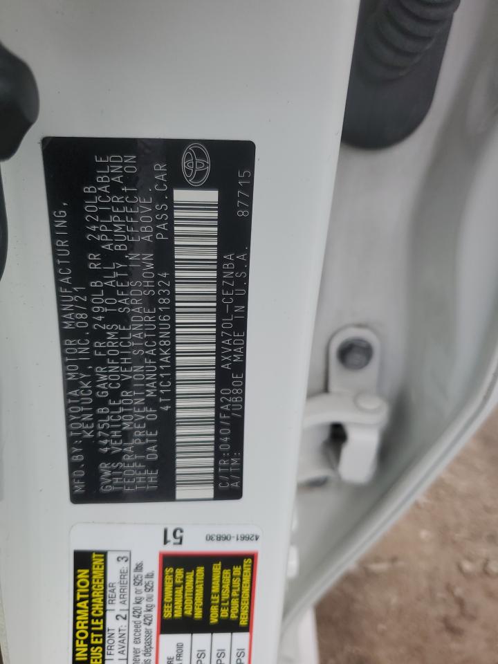 2022 TOYOTA CAMRY LE VIN:4T1C11AK8NU618324