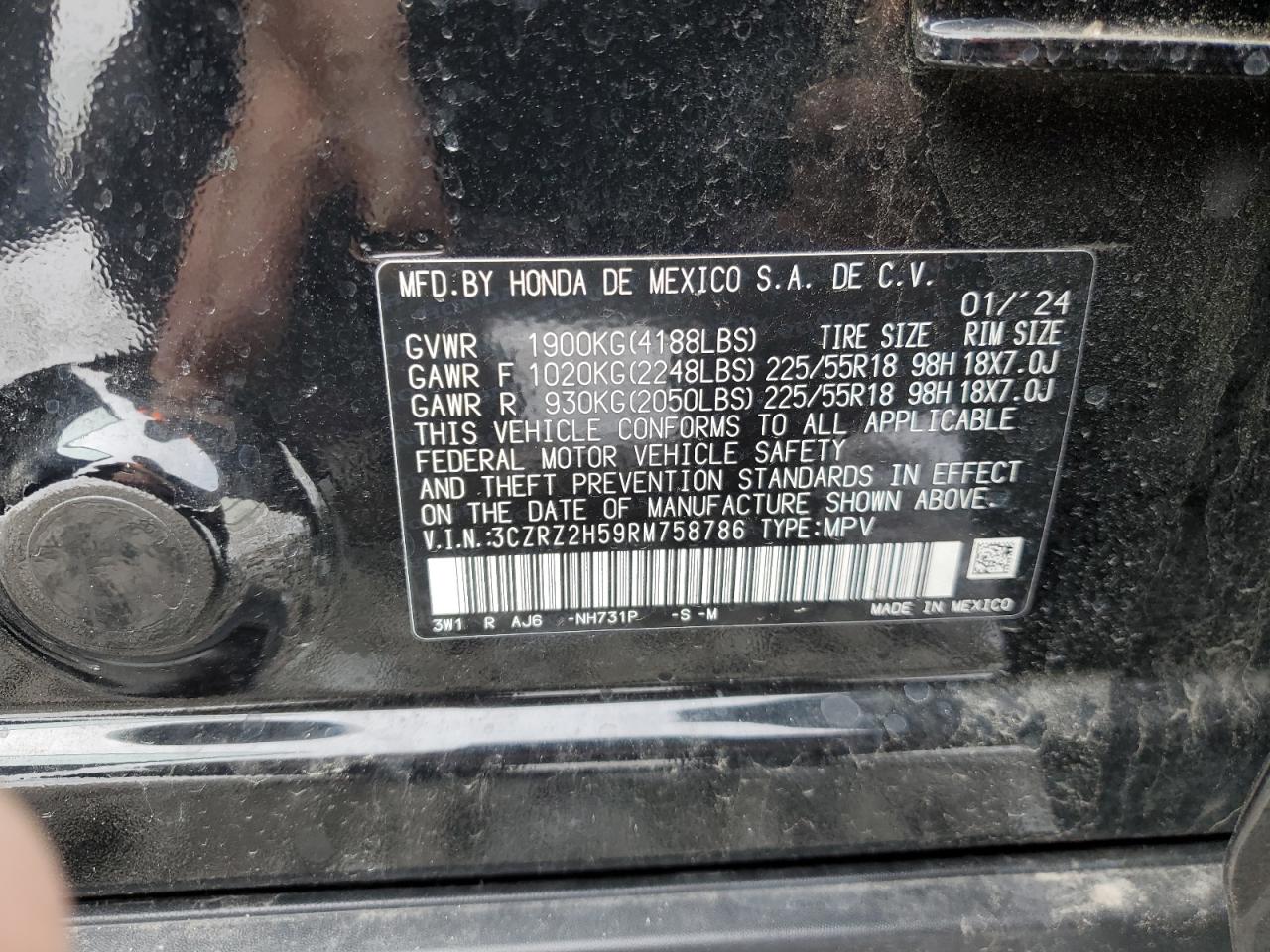 2024 HONDA HR-V SPORT VIN:3CZRZ2H59RM758786