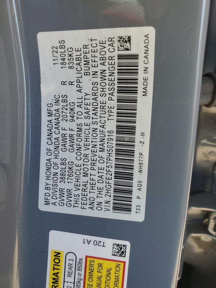 2023 HONDA CIVIC SPORT VIN:2HGFE2F57PH507916