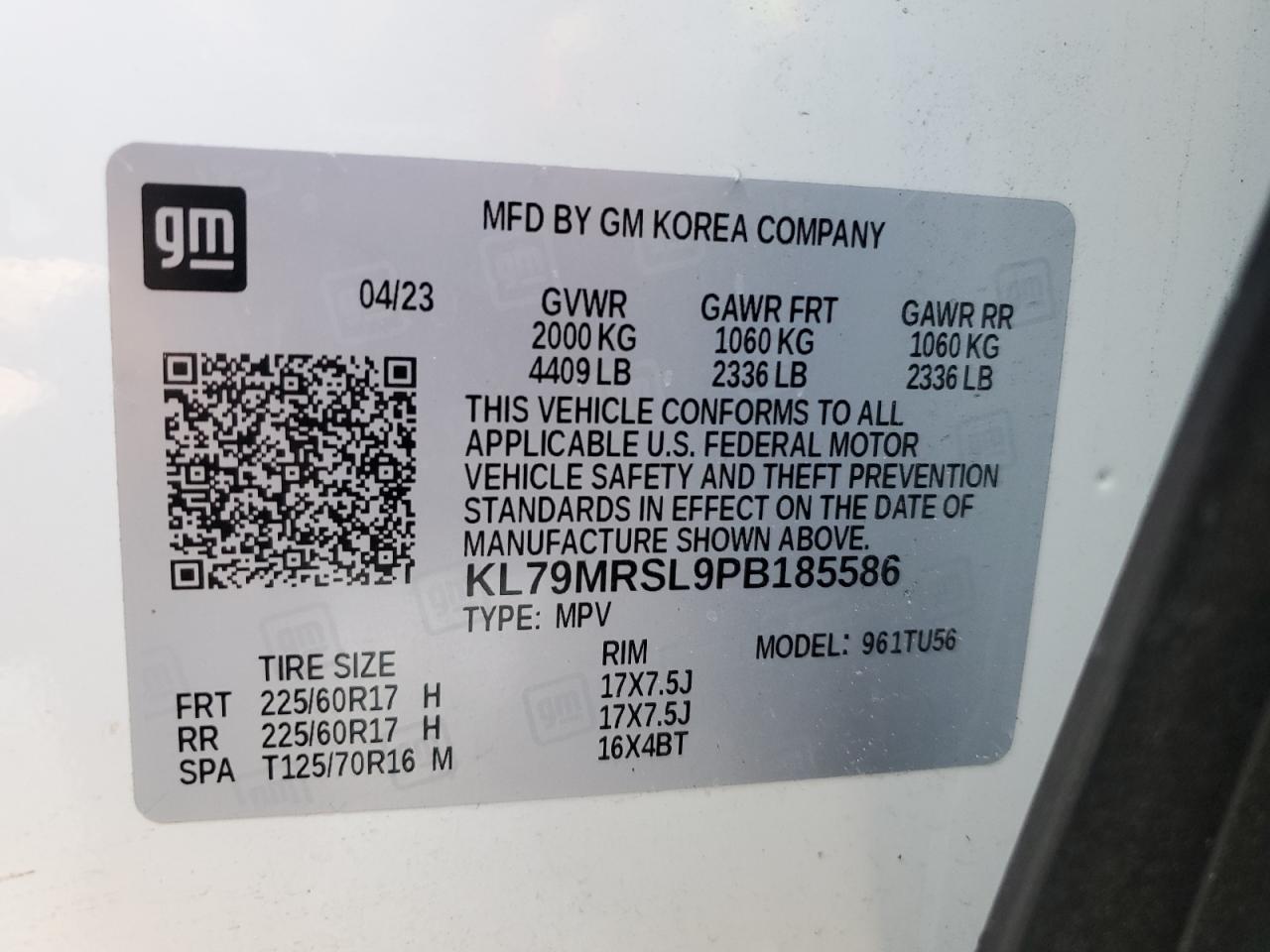 2023 CHEVROLET TRAILBLAZER LT VIN:KL79MRSL9PB185586