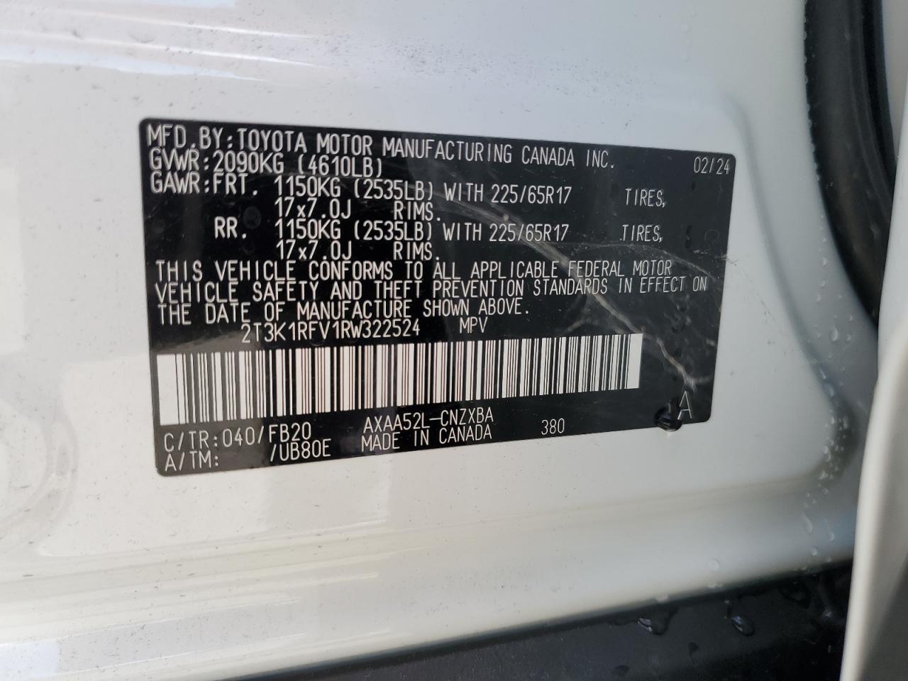 2024 TOYOTA RAV4 LE VIN:2T3K1RFV1RW322524