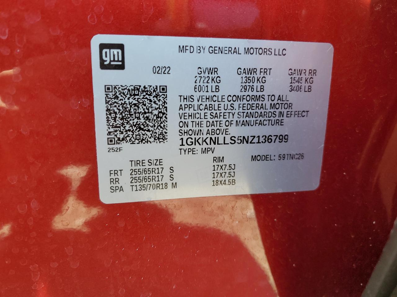 2022 GMC ACADIA AT4 VIN:1GKKNLLS5NZ136799