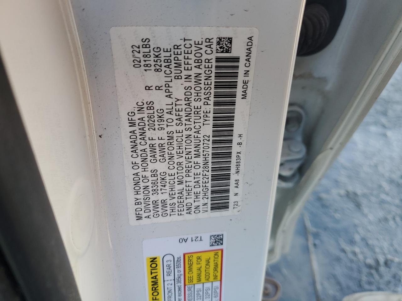2022 HONDA CIVIC LX VIN:2HGFE2F28NH570722