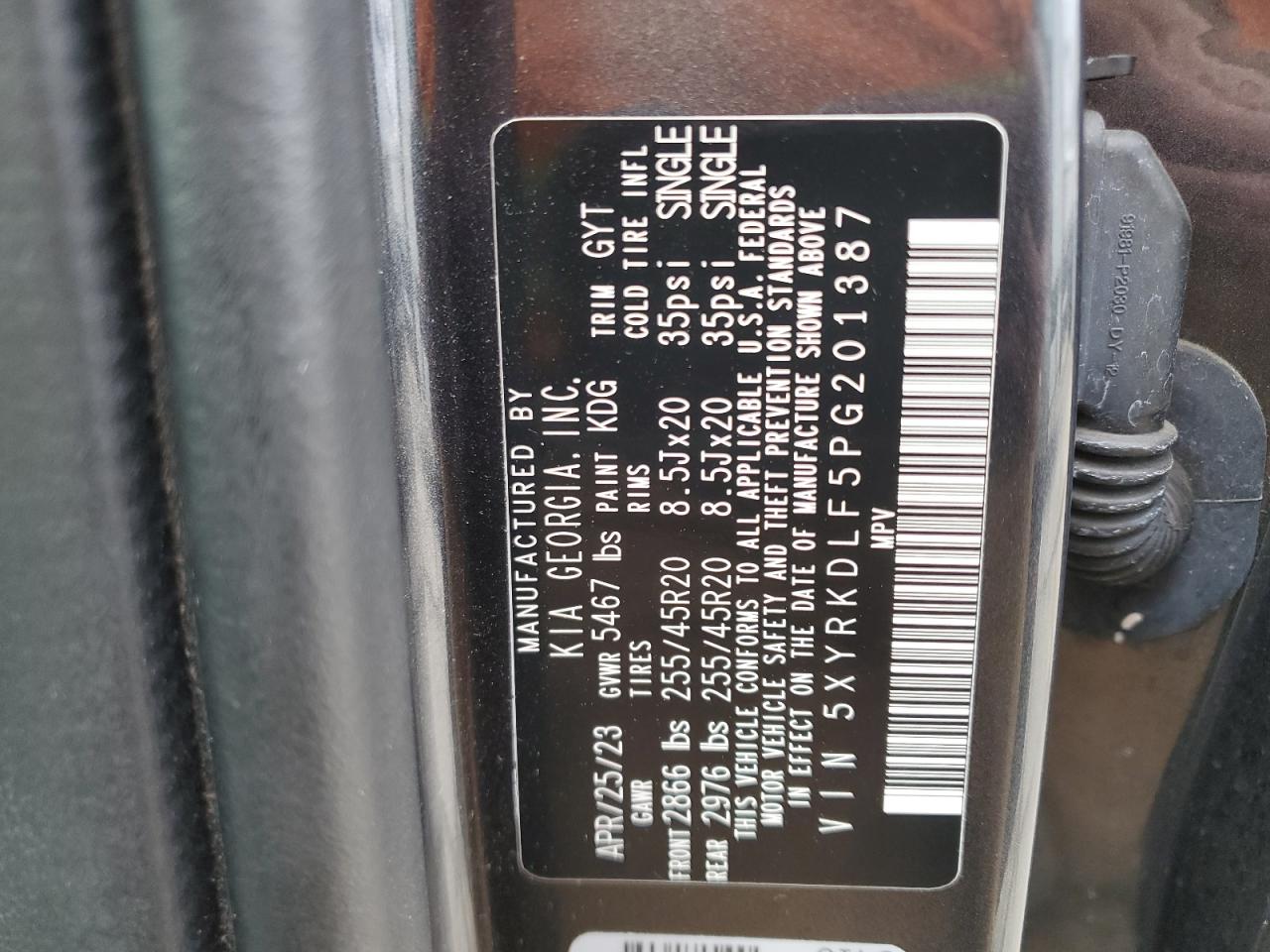 2023 KIA SORENTO SX VIN:5XYRKDLF5PG201387