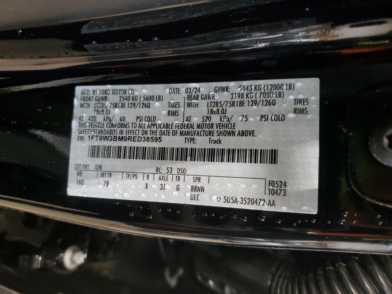 2024 FORD F350 SUPER DUTY VIN:1FT8W3BM9RED38595