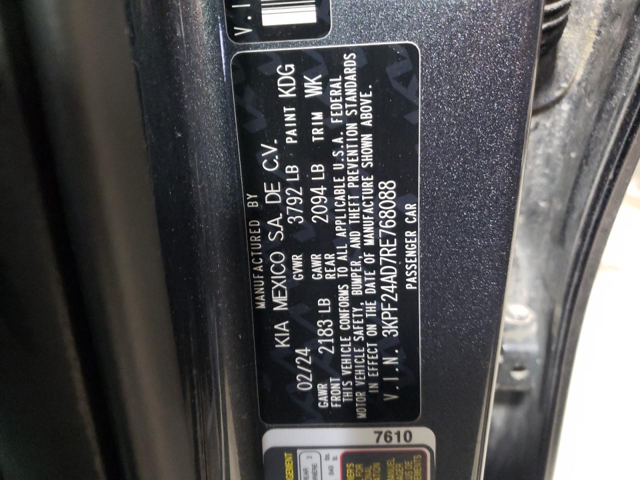 2024 KIA FORTE LX VIN:3KPF24AD7RE768088