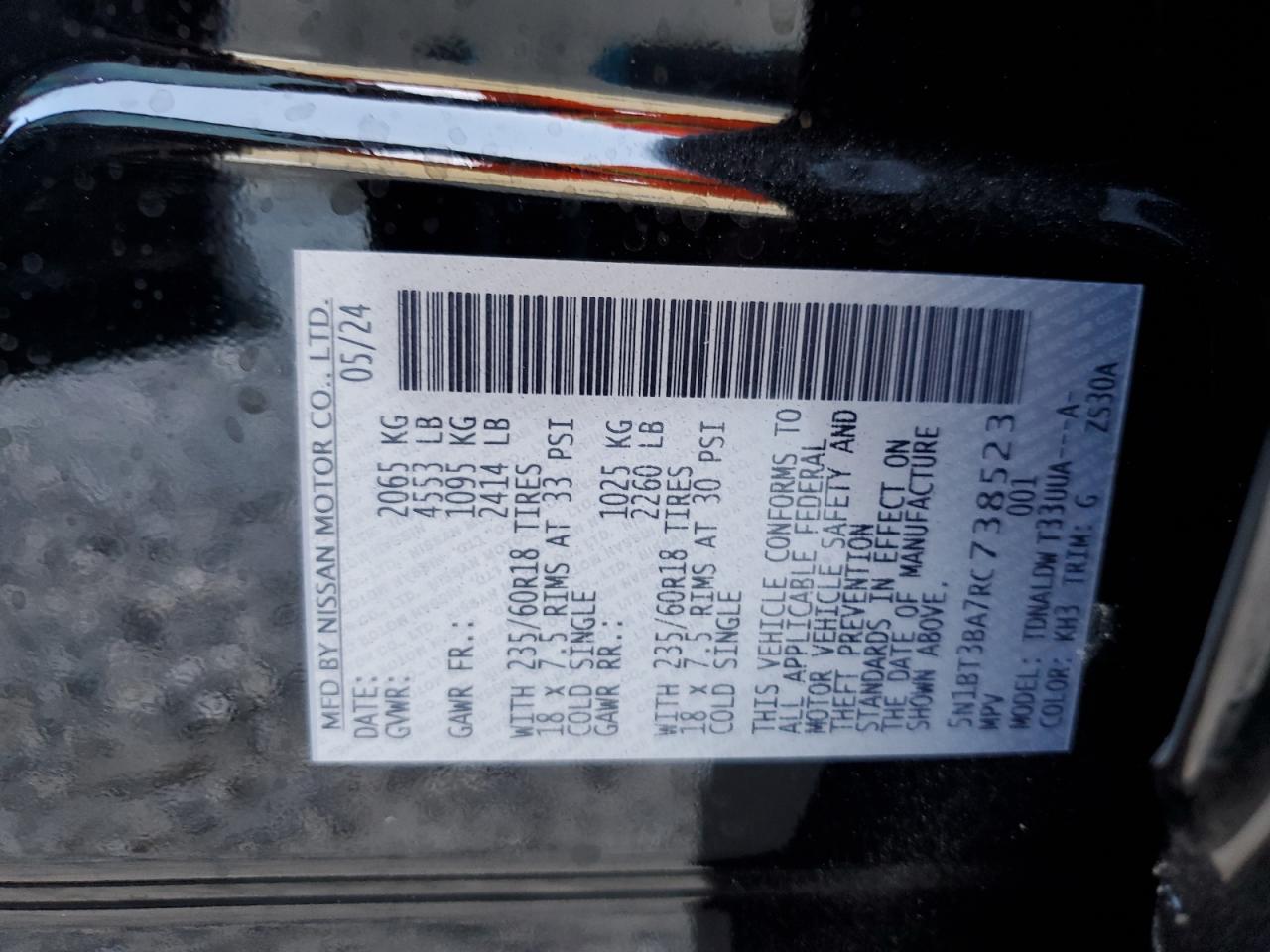 2024 NISSAN ROGUE SV VIN:5N1BT3BA7RC738523