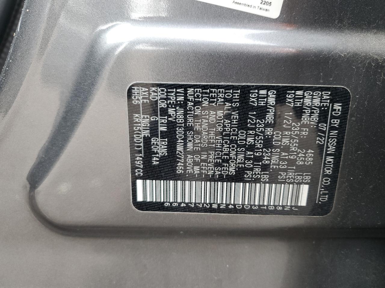 2022 NISSAN ROGUE PLATINUM VIN:JN8BT3DD4NW277466