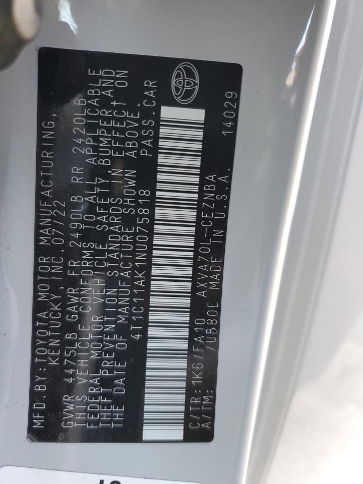 2022 TOYOTA CAMRY LE VIN:4T1C11AK1NU075818