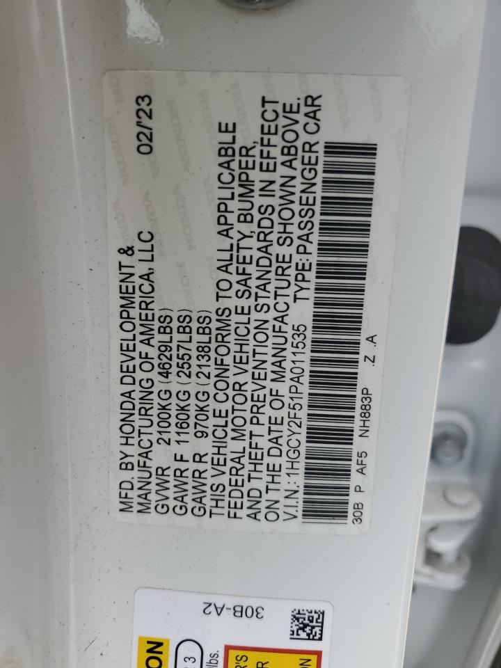 2023 HONDA ACCORD HYBRID SPORT VIN:1HGCY2F51PA011535