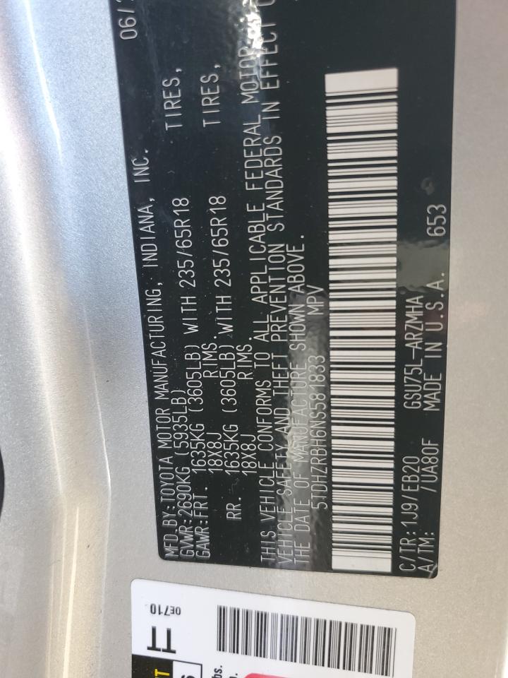 2022 TOYOTA HIGHLANDER XLE VIN:5TDHZRBH6NS581833